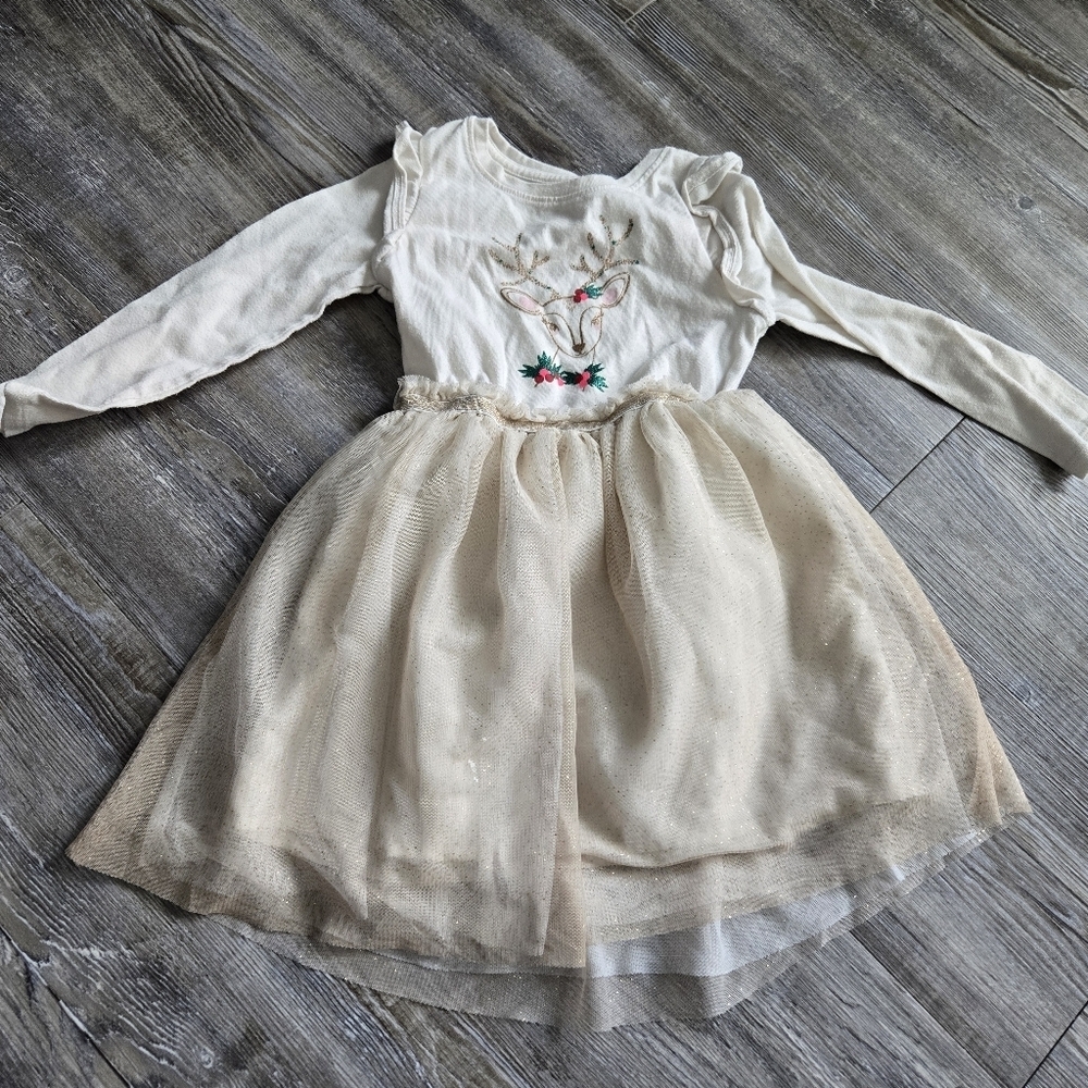 4T Girls Cat & Jack Cream Dress with Embroidered Deer